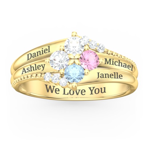 Engravable Triple Band Gemstone
Ring with Accents – 10K Yellow Gold with Diamond, Pink Tourmaline, Blue Topaz, and White Premium Zirconia