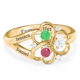 Engravable Intertwined Triple Heart Ring with Gemstones