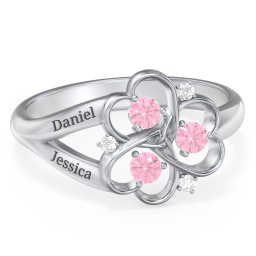 Engravable Intertwined Triple Heart Ring with Gemstones in 925 Sterling Silver with Pink Tourmaline and White Premium Zirconia