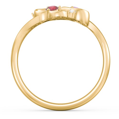 Engravable Intertwined Triple Heart Ring with Gemstones – 10K Yellow Gold with Pink Tourmaline, Garnet, Amethyst, and White Premium Zirconia