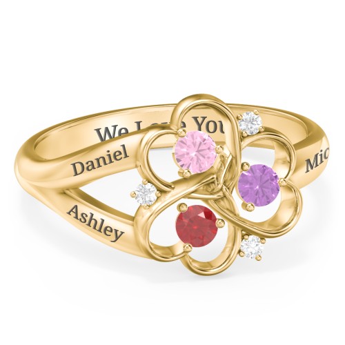 Engravable Intertwined Triple Heart Ring with Gemstones – 10K Yellow Gold with Pink Tourmaline, Garnet, Amethyst, and White Premium Zirconia