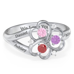 Engravable Intertwined Triple Heart Ring with Gemstones – Sterling Silver with Pink Tourmaline, Garnet, Amethyst, and White Premium Zirconia