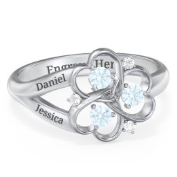 Engravable Intertwined Triple Heart Ring with Gemstones in 925 Sterling Silver with Aquamarine and White Premium Zirconia