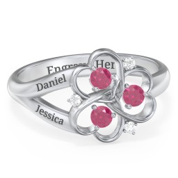 Engravable Intertwined Triple Heart Ring with Gemstones in 925 Sterling Silver with Ruby and White Premium Zirconia