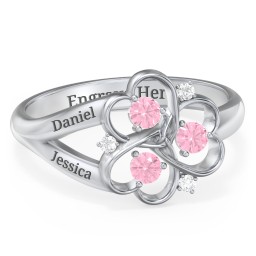 Engravable Intertwined Triple Heart Ring with Gemstones in 925 Sterling Silver with Pink Tourmaline and White Premium Zirconia