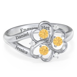 Engravable Intertwined Triple Heart Ring with Gemstones in 925 Sterling Silver with Citrine and White Premium Zirconia