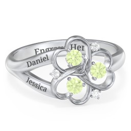 Engravable Intertwined Triple Heart Ring with Gemstones in 925 Sterling Silver with Peridot and White Premium Zirconia