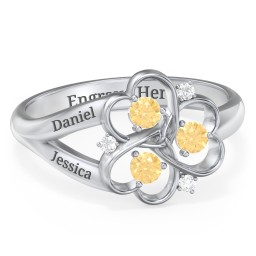 Engravable Intertwined Triple Heart Ring with Gemstones in 925 Sterling Silver with Citrine and White Premium Zirconia