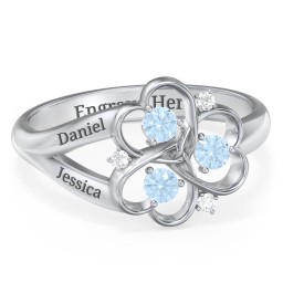 Engravable Intertwined Triple Heart Ring with Gemstones in 925 Sterling Silver with Blue Topaz and White Premium Zirconia
