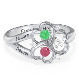 Engravable Intertwined Triple Heart Ring with Gemstones in 925 Sterling Silver with Emerald, Ruby, Cubic Zirconia, and White Premium Zirconia