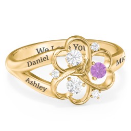 Engravable Intertwined Triple Heart Ring with Gemstones in 10K Solid Yellow Gold with Diamond, Amethyst, and White Premium Zirconia