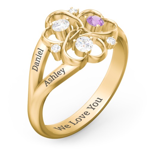 Engravable Intertwined Triple Heart Ring with Gemstones – 10K Yellow Gold with Diamond, Amethyst, and White Premium Zirconia