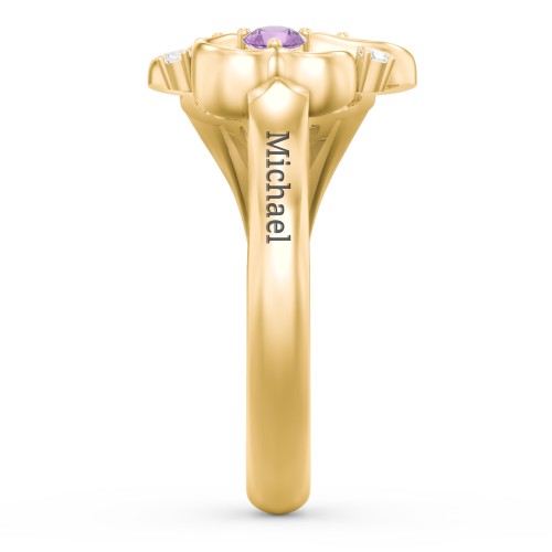 Engravable Intertwined Triple Heart Ring with Gemstones – 10K Yellow Gold with Diamond, Amethyst, and White Premium Zirconia