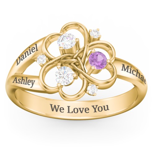 Engravable Intertwined Triple Heart Ring with Gemstones – 10K Yellow Gold with Diamond, Amethyst, and White Premium Zirconia