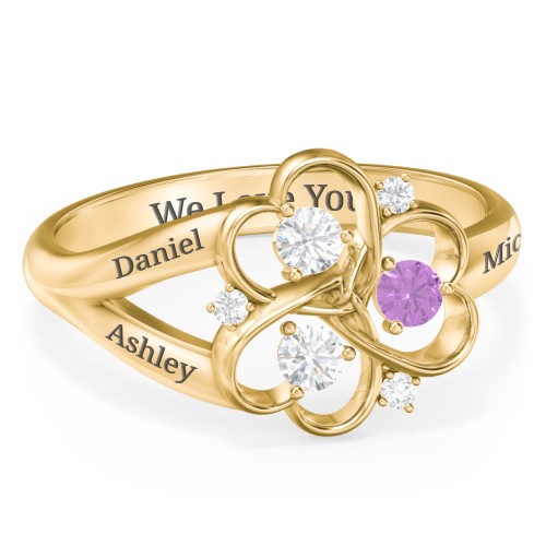 Engravable Intertwined Triple Heart Ring with Gemstones – 10K Yellow Gold with Diamond, Amethyst, and White Premium Zirconia