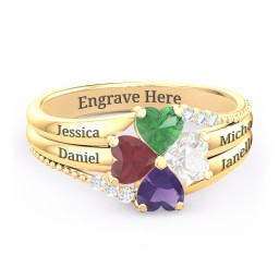 A Mother's Love and Luck Ring in 10K Solid Yellow Gold with Emerald, Ruby, Cubic Zirconia, Amethyst, and White Premium Zirconia