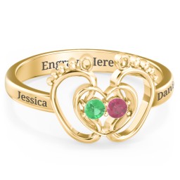 Baby Footprint and Heart Ring with Gemstones in 10K Solid Yellow Gold with Emerald and Ruby