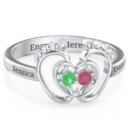 Baby Footprint and Heart Ring with Gemstones in 925 Sterling Silver with Emerald and Ruby