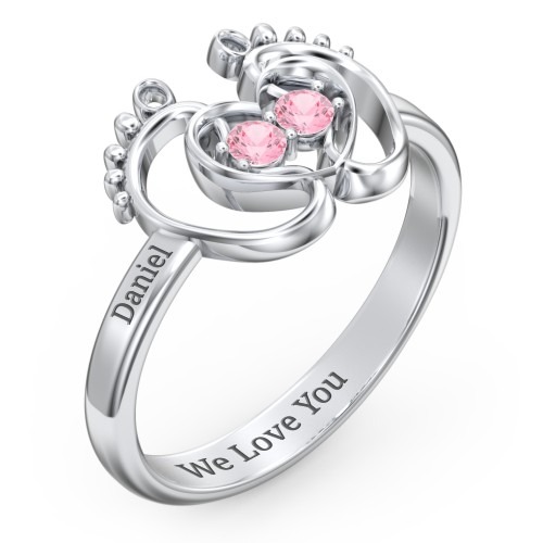 Baby Footprint and Heart Ring with Gemstones – Sterling Silver with Pink Tourmaline