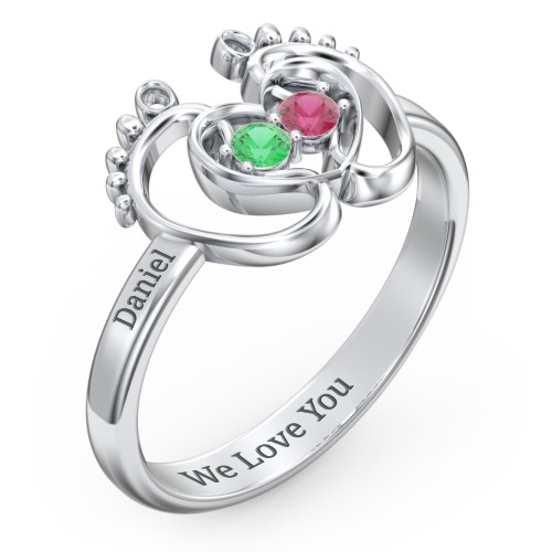 Baby Footprint and Heart Ring with Gemstones – Sterling Silver with Emerald and Ruby