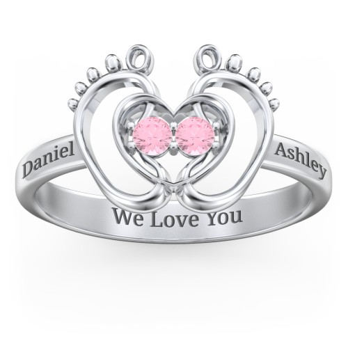 Baby Footprint and Heart Ring with Gemstones – Sterling Silver with Pink Tourmaline