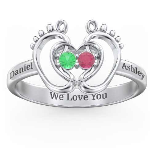 Baby Footprint and Heart Ring with Gemstones – Sterling Silver with Emerald and Ruby