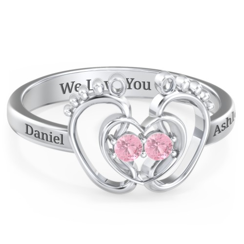 Baby Footprint and Heart Ring with Gemstones – Sterling Silver with Pink Tourmaline
