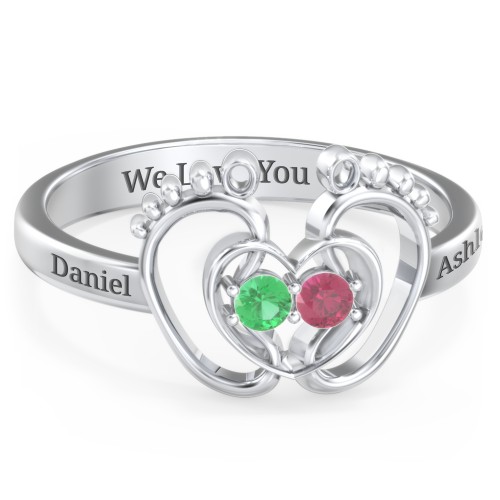 Baby Footprint and Heart Ring with Gemstones – Sterling Silver with Emerald and Ruby
