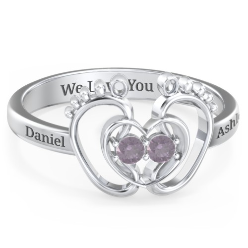 Baby Footprint and Heart Ring with Gemstones – Sterling Silver with Alexandrite