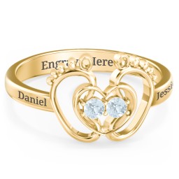 Baby Footprint and Heart Ring with Gemstones in 10K Solid Yellow Gold with Aquamarine