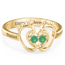 Baby Footprint and Heart Ring with Gemstones in 10K Solid Yellow Gold with Emerald