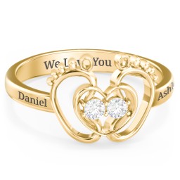 Baby Footprint and Heart Ring with Gemstones in 10K Solid Yellow Gold with Diamond