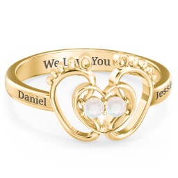 Baby Footprint and Heart Ring with Gemstones in 10K Solid Yellow Gold with Opal