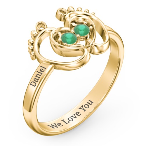 Baby Footprint and Heart Ring with Gemstones – 10K Yellow Gold with Emerald