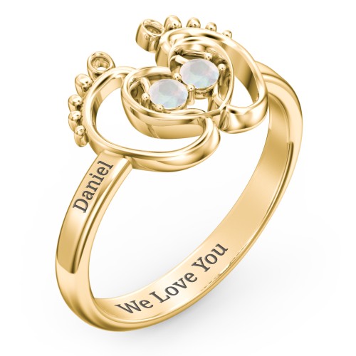 Baby Footprint and Heart Ring with Gemstones – 10K Yellow Gold with Opal
