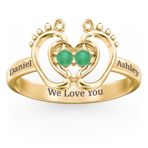 Baby Footprint and Heart Ring with Gemstones – 10K Yellow Gold with Emerald