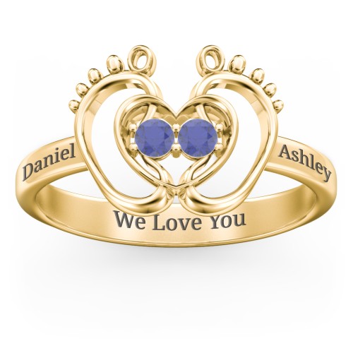 Baby Footprint and Heart Ring with Gemstones – 10K Yellow Gold with Blue Sapphire