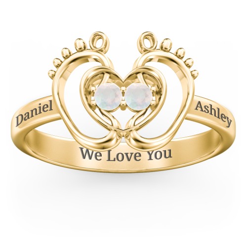 Baby Footprint and Heart Ring with Gemstones – 10K Yellow Gold with Opal