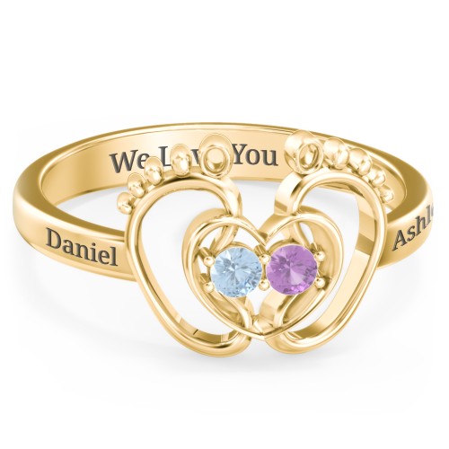 Baby Footprint and Heart Ring with Gemstones – 10K Yellow Gold with Blue Topaz and Amethyst