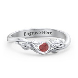 Solitaire Leaf Band Ring in 925 Sterling Silver with Garnet