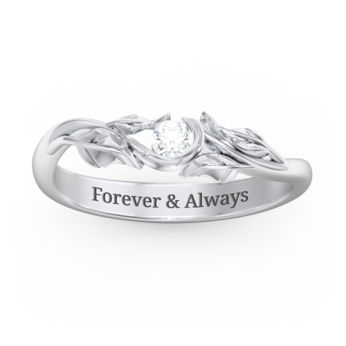 Solitaire Leaf Band Ring – Sterling Silver with Diamond
