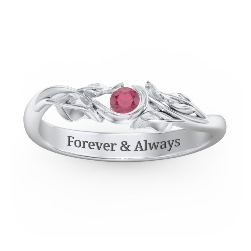 Solitaire Leaf Band Ring – Sterling Silver with Ruby