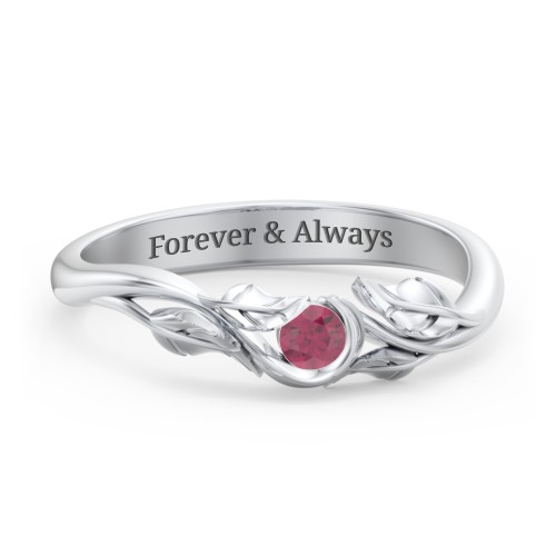 Solitaire Leaf Band Ring – Sterling Silver with Ruby