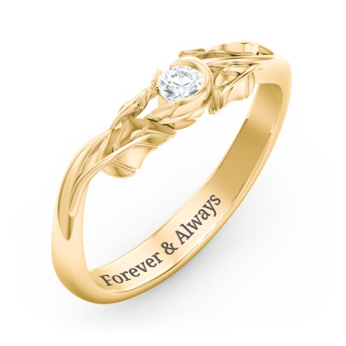 Solitaire Leaf Band Ring – 10K Yellow Gold with Diamond