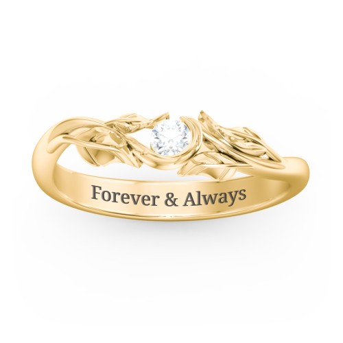 Solitaire Leaf Band Ring – 10K Yellow Gold with Diamond