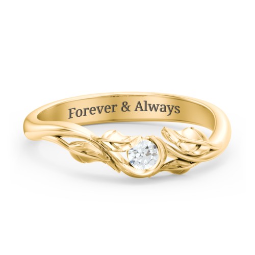 Solitaire Leaf Band Ring – 10K Yellow Gold with Diamond