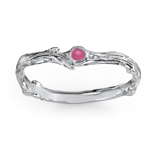 Organic Twig Textured Band with Gemstone – Sterling Silver with Ruby