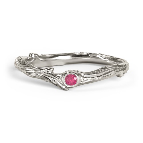 Organic Twig Textured Band with Gemstone – 10K White Gold with Ruby