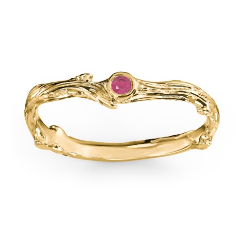 Organic Twig Textured Band with Gemstone – 10K Yellow Gold with Ruby