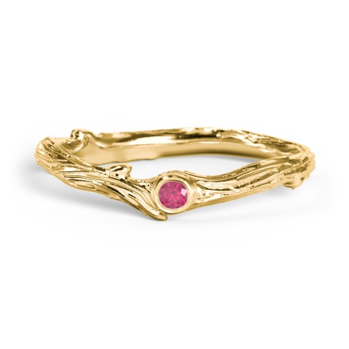 Organic Twig Textured Band with Gemstone – 10K Yellow Gold with Ruby